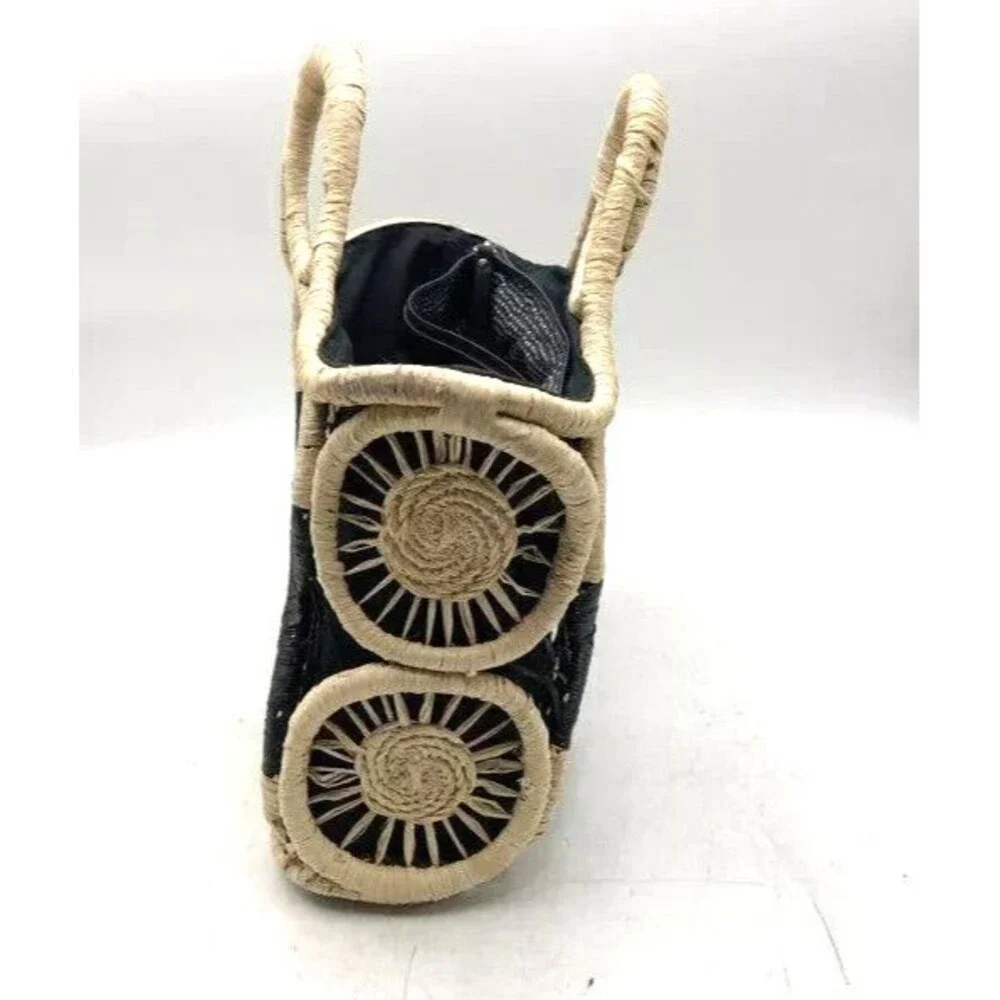 Tommy Bahama Women's Black Tan Medallion Straw Ring Handle Basket Tote B…